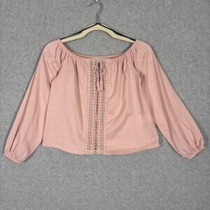 H&M Divided Top Womens Small Pink Crochet Crop Gauze Crinkle‎ Boho Cottage Puff